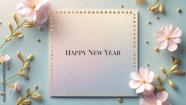 Fototapeta A pastel Happy New Year card design using gradient pink and blue, subtle flowers and golden polka dots arranged lightly around the border