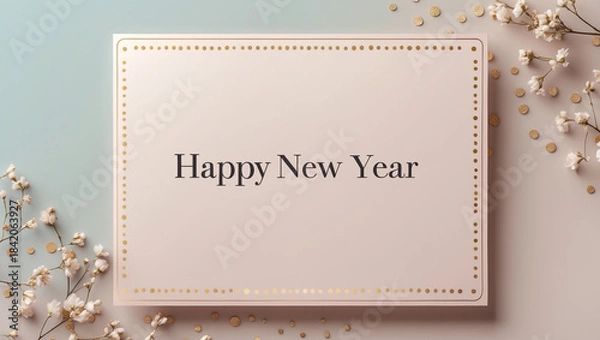 Fototapeta A pastel Happy New Year card design using gradient pink and blue, subtle flowers and golden polka dots arranged lightly around the border