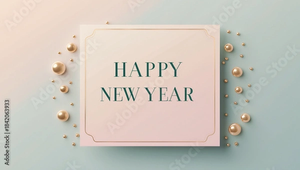 Fototapeta A pastel Happy New Year card design using gradient pink and blue, subtle golden polka dots arranged lightly around the border