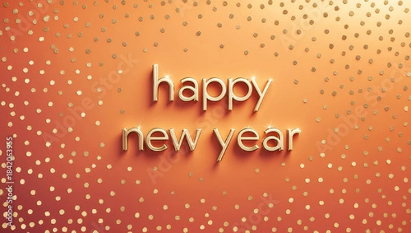 Fototapeta Happy New Year card featuring a smooth orange gradient that transitions from a light peach tone at the top to a deep coral hue surrounded by a sprinkling of small gold polka dots