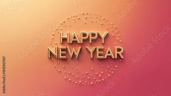 Fototapeta Happy New Year card featuring a smooth orange gradient that transitions from a light peach tone at the top to a deep coral hue surrounded by a sprinkling of small gold polka dots