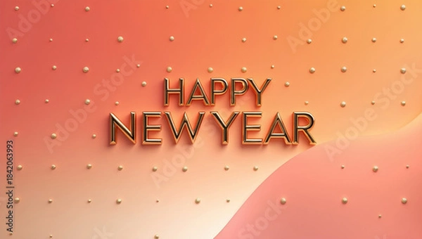 Fototapeta Happy New Year card featuring a smooth orange gradient that transitions from a light peach tone at the top to a deep coral hue surrounded by a sprinkling of small gold polka dots
