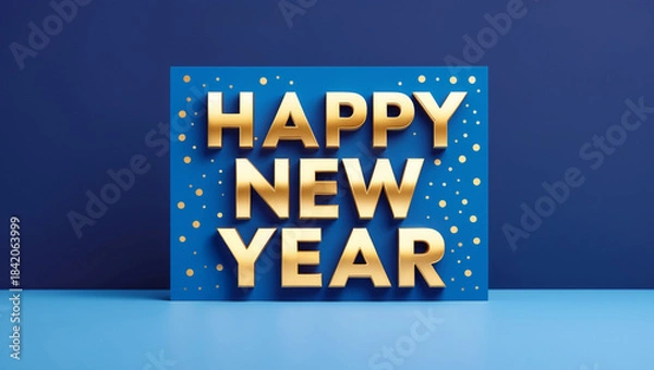 Fototapeta Happy New Year card featuring a smooth blue gradient that transitions from a light sky blue at the top to a deep navy blue surrounded by a scattering of small gold polka dots