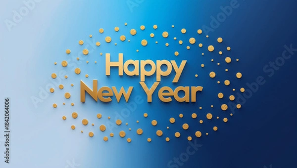 Fototapeta Happy New Year card featuring a smooth blue gradient that transitions from a light sky blue at the top to a deep navy blue surrounded by a scattering of small gold polka dots