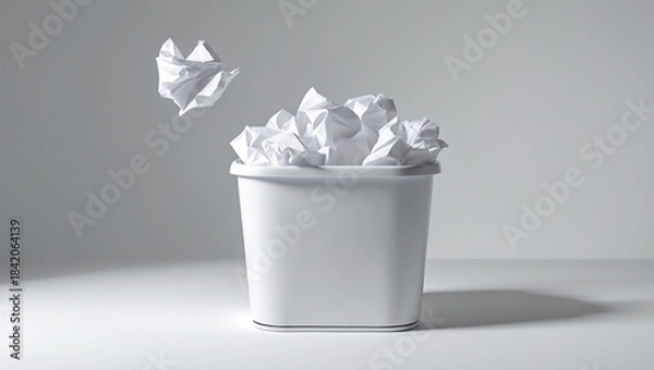 Fototapeta A crumpled paper flying to the wastepaper basket fulled with crumpled papers isolated on white background