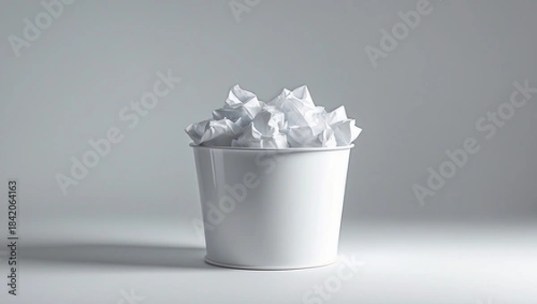 Fototapeta A wastepaper basket fulled with crumpled papers isolated on white background
