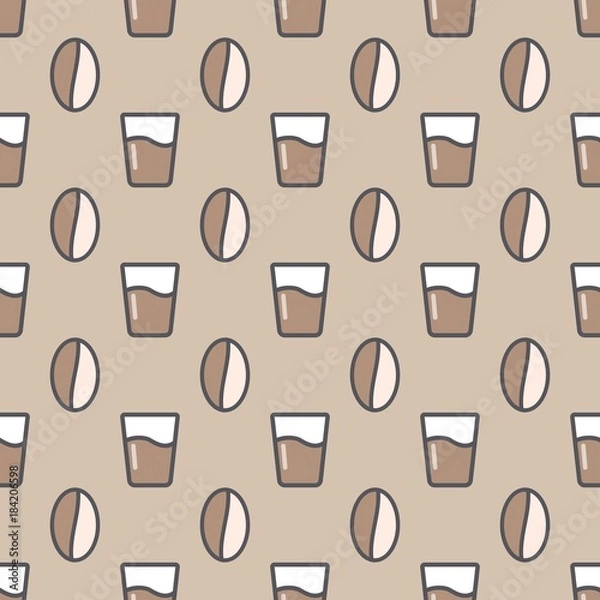 Fototapeta Coffee seamless pattern set with cups and beans. Vector illustration.