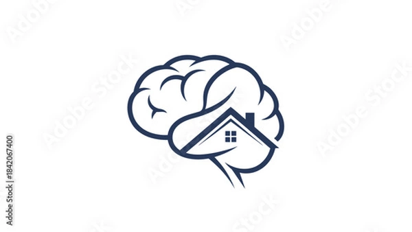 Fototapeta A stylized brain with a house integrated into its structure, representing concepts of home, mind, and thought.