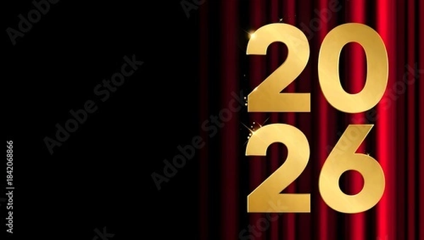 Fototapeta Golden 2026 Numbers on Red Curtain Background for New Year Celebration