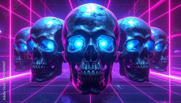 Fototapeta Digitally rendered skulls with glowing blue eyes in neon grid