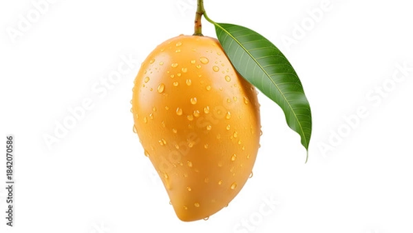 Fototapeta Fresh Ripe Mango with Leaf PNG isolated on transparent background. High Quality Fruit Image for Commercial Use