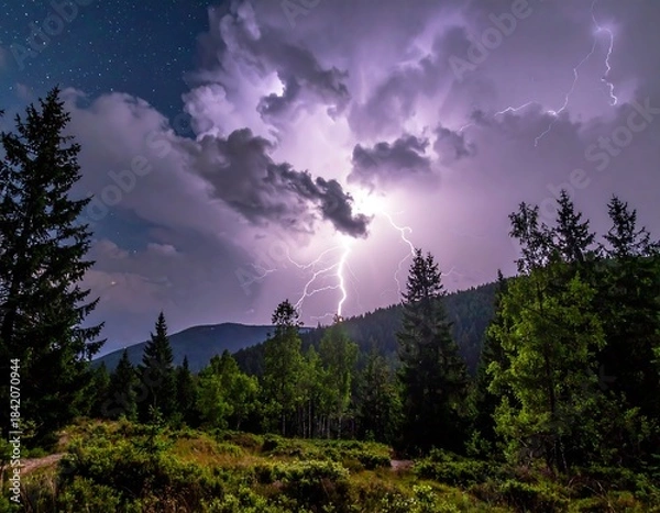 Fototapeta Dramatic nighttime landscape, lightning strikes over dark mountains and trees