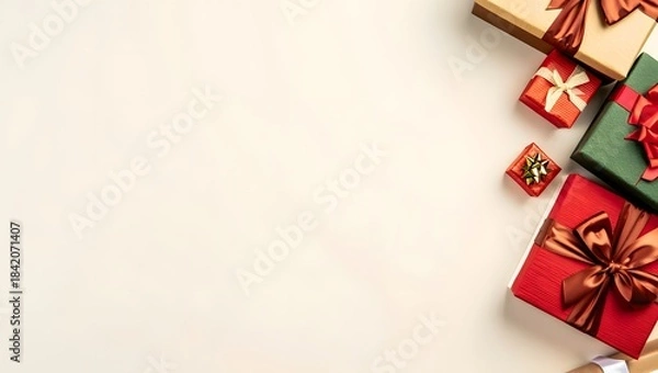Fototapeta Colorful Gift Boxes with Red and Green Bows on Light Background