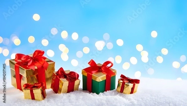 Fototapeta Colorful Christmas gifts in snow with bright, blurred lights background