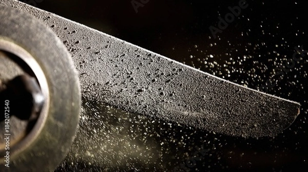 Fototapeta abrasive. Close-up of a grinding wheel sharpening an old knife with flying sparks in an industrial workshop. safety posters.