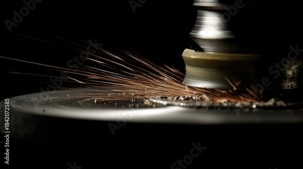 Fototapeta abrasive. Close-up of a grinding wheel sharpening an old knife with flying sparks in an industrial workshop. safety posters.