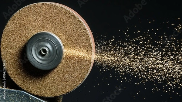 Fototapeta abrasive. Close-up of a grinding wheel sharpening an old knife with flying sparks in an industrial workshop. safety posters.