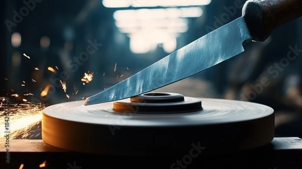 Fototapeta abrasive. Close-up of a grinding wheel sharpening an old knife with flying sparks in an industrial workshop. safety posters.