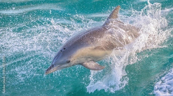 Fototapeta cetacean. Dolphin leaping from turquoise ocean waters, dynamic marine life in motion. wildlife magazines, conservation campaigns, designed for nature documentaries and education.