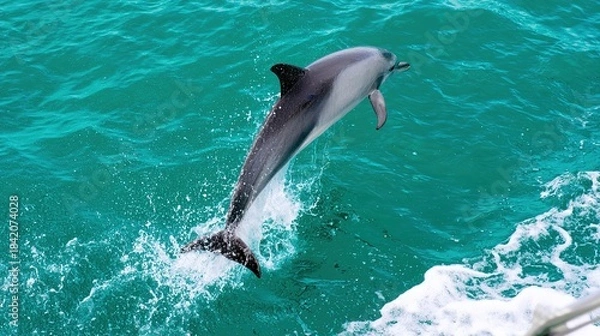 Fototapeta cetacean. Dolphin leaping from turquoise ocean waters, dynamic marine life in motion. wildlife magazines, conservation campaigns, designed for nature documentaries and education.