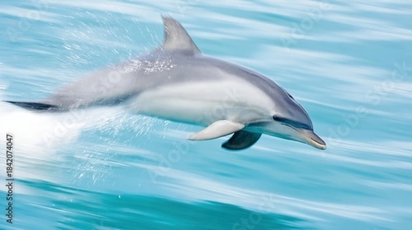 Fototapeta cetacean. Dolphin leaping from turquoise ocean waters, dynamic marine life in motion. wildlife magazines, conservation campaigns, designed for nature documentaries and education.
