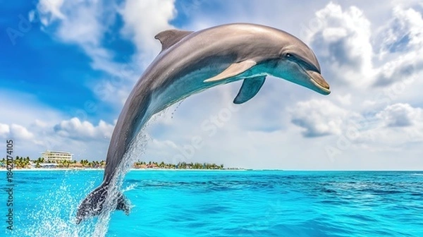 Fototapeta cetacean. Dolphin leaping from turquoise ocean waters, dynamic marine life in motion. wildlife magazines, conservation campaigns, designed for nature documentaries and education.
