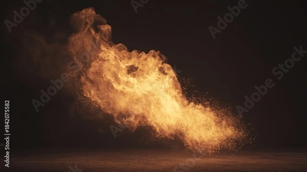 Fototapeta ferocity. Dramatic flames with intense orange and yellow hues isolated against a dark atmospheric background. STEM education sheets, lab safety posters, designed for biotech research communications.