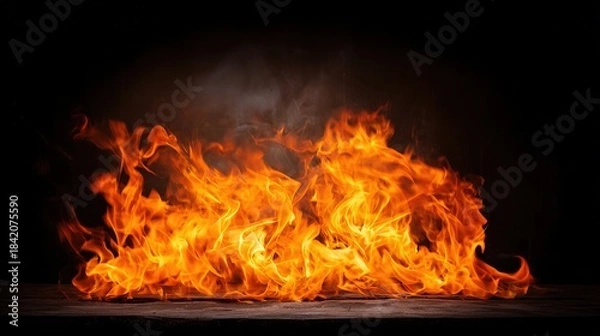 Fototapeta ferocity. Dramatic flames with intense orange and yellow hues isolated against a dark atmospheric background. STEM education sheets, lab safety posters, designed for biotech research communications.