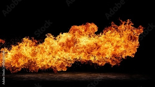 Fototapeta ferocity. Dramatic flames with intense orange and yellow hues isolated against a dark atmospheric background. STEM education sheets, lab safety posters, designed for biotech research communications.