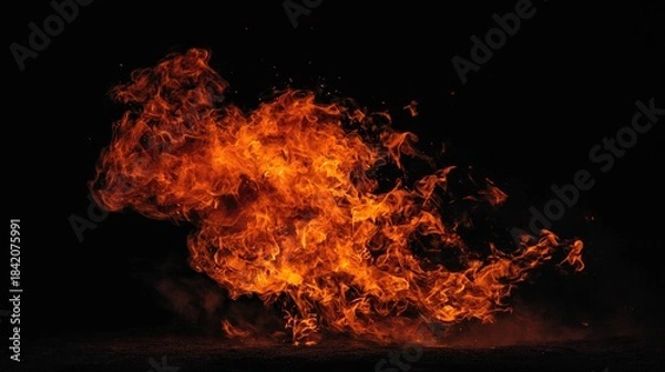 Fototapeta ferocity. Dramatic flames with intense orange and yellow hues isolated against a dark atmospheric background. STEM education sheets, lab safety posters, designed for biotech research communications.