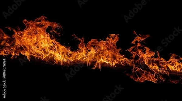 Fototapeta ferocity. Dramatic flames with intense orange and yellow hues isolated against a dark atmospheric background. STEM education sheets, lab safety posters, designed for biotech research communications.