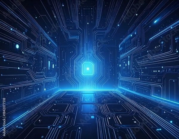 Fototapeta Futuristic digital circuit room with glowing central core