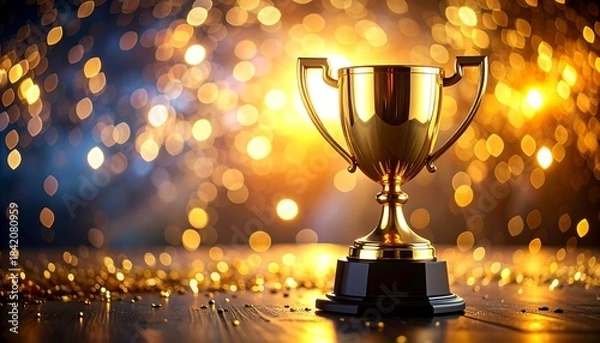 Fototapeta Gleaming golden trophy on a dark surface, bokeh background