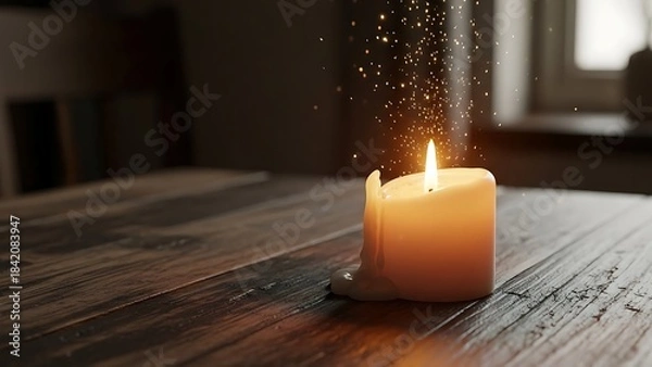 Fototapeta A single lit white candle on a rustic wooden table, casting a warm glow with sparkling dust particles floating in the air.