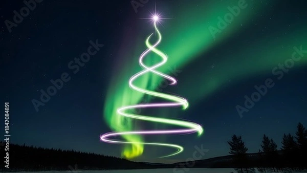 Fototapeta Abstract swirling lights in the shape of a Christmas tree against the backdrop of the aurora borealis, symbolizing festive energy.