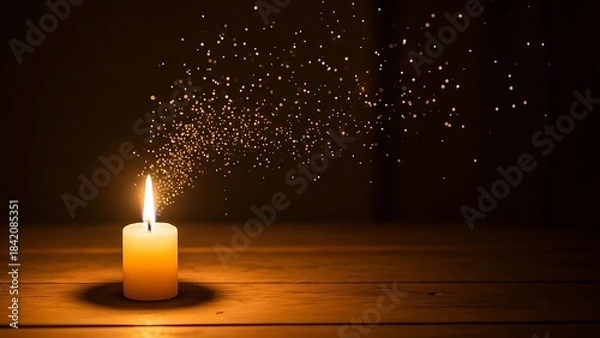 Fototapeta A single lit candle on a wooden surface, emitting a warm glow and a cascade of golden sparkling particles into the dark.
