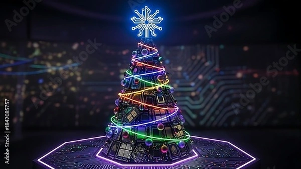 Fototapeta Futuristic Christmas tree constructed from circuit boards and glowing with neon lights on a motherboard base, representing tech holiday.