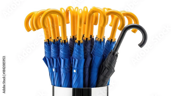 Fototapeta A group of blue and yellow umbrellas with a black handle standing upright isolated on transparent background