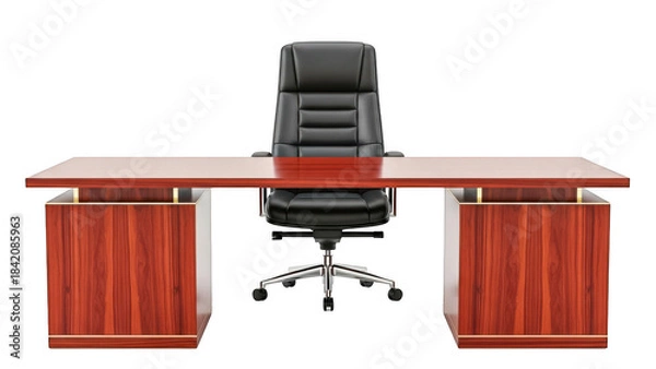 Fototapeta Executive office desk with black chair on isolated transparent background