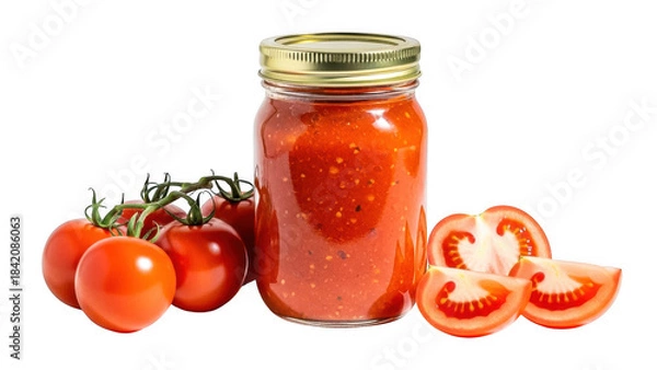 Fototapeta A glass jar of homemade tomato sauce with fresh tomatoes on transparent background