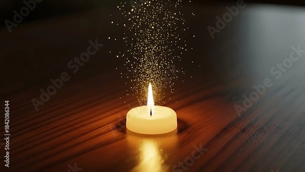 Fototapeta Magical glowing candle flame with sparkling golden dust particles floating upwards on a dark wooden table, representing hope, inspiration, and celebration