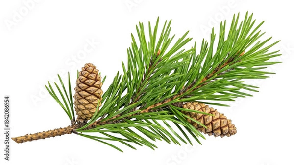 Fototapeta Pine tree branch with cones isolated on transparent background