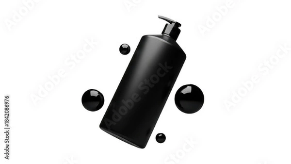 Fototapeta Black bottle with pump and droplets isolated on transparent background