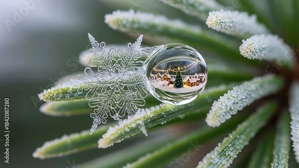 Fototapeta Macro shot of a snowflake and a water droplet on a pine needle, reflecting a cozy village scene with a Christmas tree, capturing the essence of winter magic