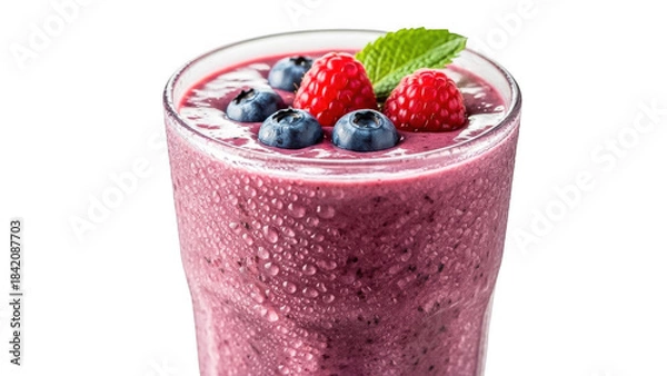 Fototapeta A refreshing glass of berry smoothie with fresh fruits on top isolated on transparent background