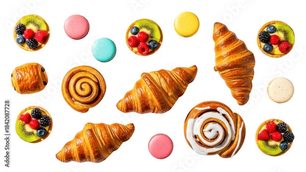 Fototapeta Assorted sweet pastries and desserts isolated on transparent background