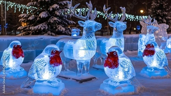 Fototapeta Enchanting ice sculptures of festive animals, including reindeer and birds with red chests, illuminated with blue light in a snowy park at night