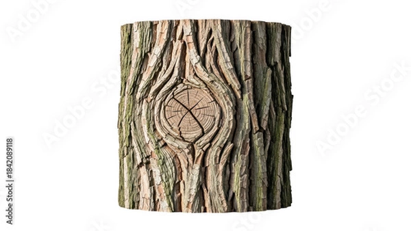 Fototapeta A cylindrical object with a detailed tree bark texture and a knot isolated on transparent background