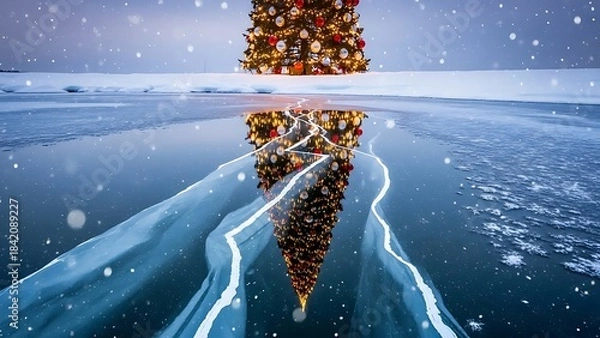 Fototapeta Striking reflection of a decorated Christmas tree in cracked ice on a frozen lake during a snowy night, creating a magical winter holiday scene