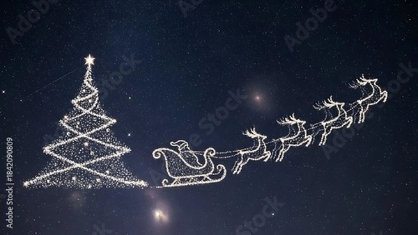 Fototapeta Christmas light display of santas sleigh pulled by reindeer flying past a tree